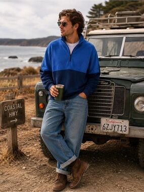 Vintage Campus‎ Quarter Zip Sweatshirt Large Blue Colorblock Retro Pullover